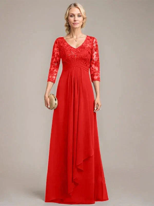 A-line V-Neck Floor-Length Lace Chiffon Mother of the Bride Dress With Cascading Ruffles Sequins - Image 38