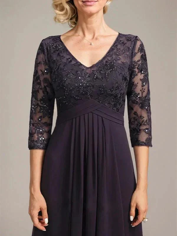 A-line V-Neck Floor-Length Lace Chiffon Mother of the Bride Dress With Cascading Ruffles Sequins - Image 4