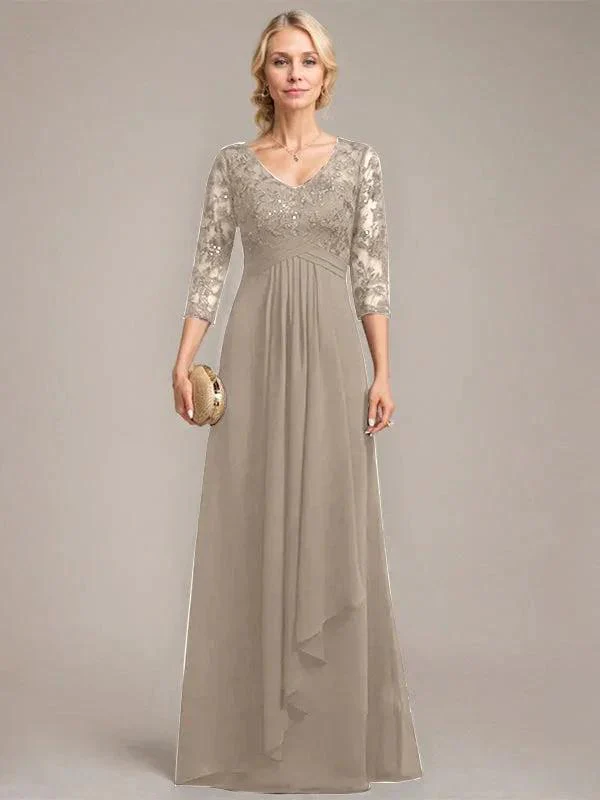 A-line V-Neck Floor-Length Lace Chiffon Mother of the Bride Dress With Cascading Ruffles Sequins - Image 41