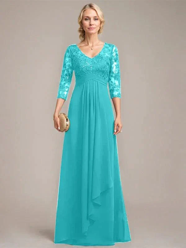 A-line V-Neck Floor-Length Lace Chiffon Mother of the Bride Dress With Cascading Ruffles Sequins - Image 42