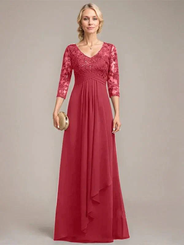 A-line V-Neck Floor-Length Lace Chiffon Mother of the Bride Dress With Cascading Ruffles Sequins - Image 43