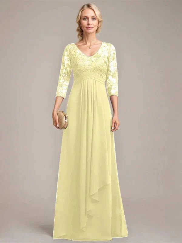 A-line V-Neck Floor-Length Lace Chiffon Mother of the Bride Dress With Cascading Ruffles Sequins - Image 44