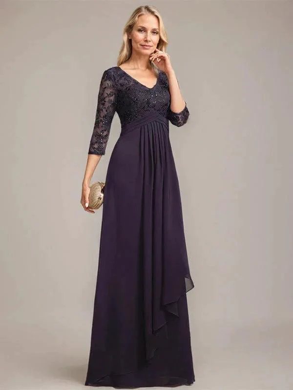 A-line V-Neck Floor-Length Lace Chiffon Mother of the Bride Dress With Cascading Ruffles Sequins - Image 5