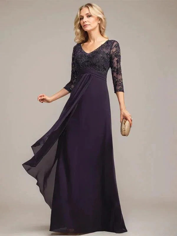 A-line V-Neck Floor-Length Lace Chiffon Mother of the Bride Dress With Cascading Ruffles Sequins - Image 7