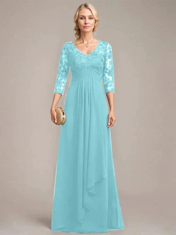 A-line V-Neck Floor-Length Lace Chiffon Mother of the Bride Dress With Cascading Ruffles Sequins - Image 8