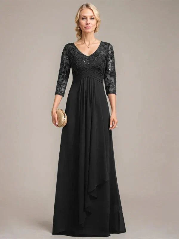A-line V-Neck Floor-Length Lace Chiffon Mother of the Bride Dress With Cascading Ruffles Sequins - Image 9
