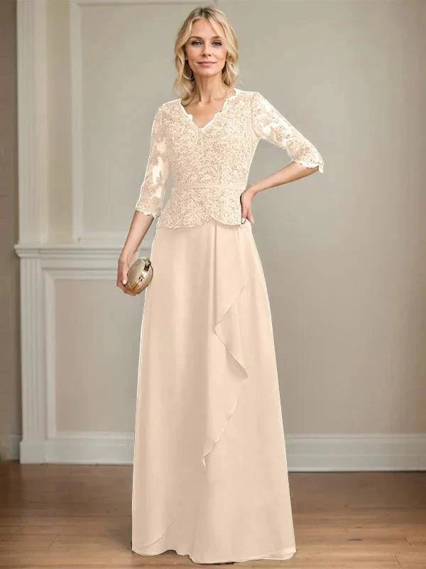 A-line V-Neck Floor-Length Lace Chiffon Mother of the Bride Dress With Cascading Ruffles Sequins - Image 11