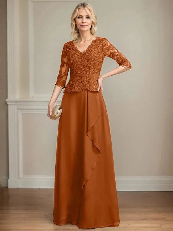 A-line V-Neck Floor-Length Lace Chiffon Mother of the Bride Dress With Cascading Ruffles Sequins - Image 12
