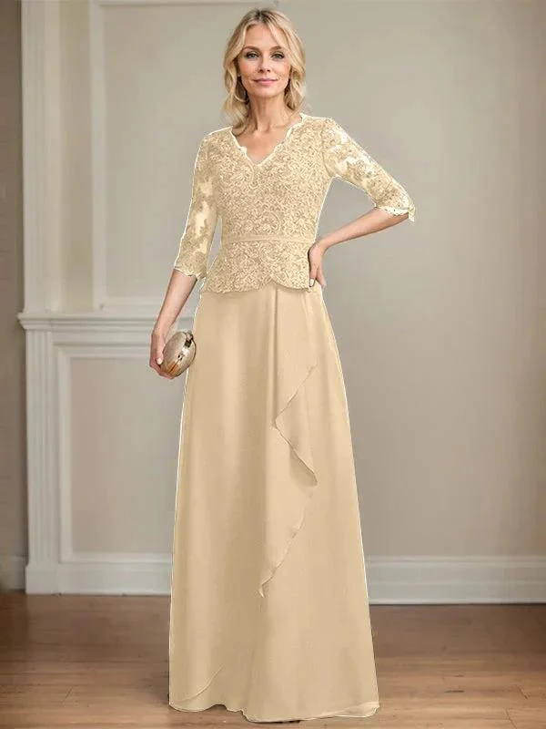 A-line V-Neck Floor-Length Lace Chiffon Mother of the Bride Dress With Cascading Ruffles Sequins - Image 13
