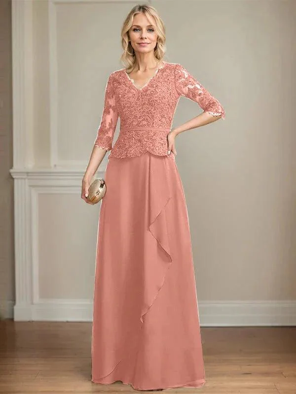 A-line V-Neck Floor-Length Lace Chiffon Mother of the Bride Dress With Cascading Ruffles Sequins - Image 14
