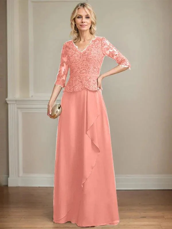 A-line V-Neck Floor-Length Lace Chiffon Mother of the Bride Dress With Cascading Ruffles Sequins - Image 15