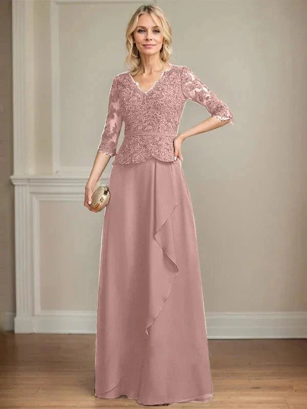 A-line V-Neck Floor-Length Lace Chiffon Mother of the Bride Dress With Cascading Ruffles Sequins - Image 16