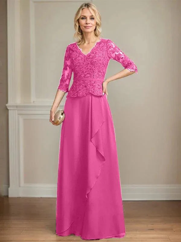 A-line V-Neck Floor-Length Lace Chiffon Mother of the Bride Dress With Cascading Ruffles Sequins - Image 17