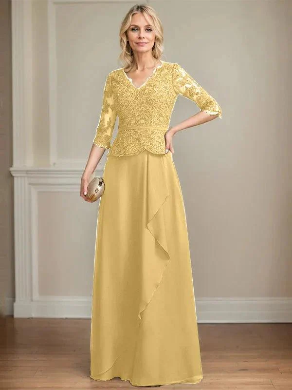 A-line V-Neck Floor-Length Lace Chiffon Mother of the Bride Dress With Cascading Ruffles Sequins - Image 18