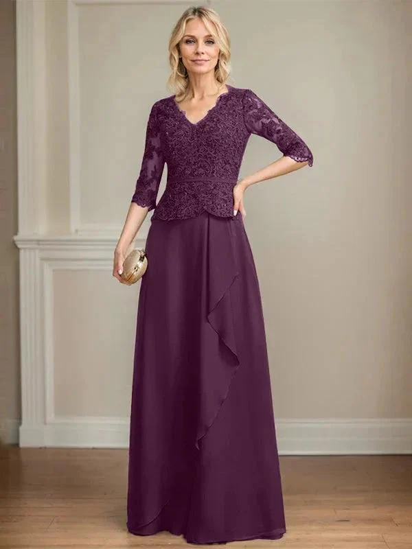 A-line V-Neck Floor-Length Lace Chiffon Mother of the Bride Dress With Cascading Ruffles Sequins - Image 19