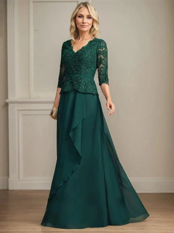 A-line V-Neck Floor-Length Lace Chiffon Mother of the Bride Dress With Cascading Ruffles Sequins - Image 2