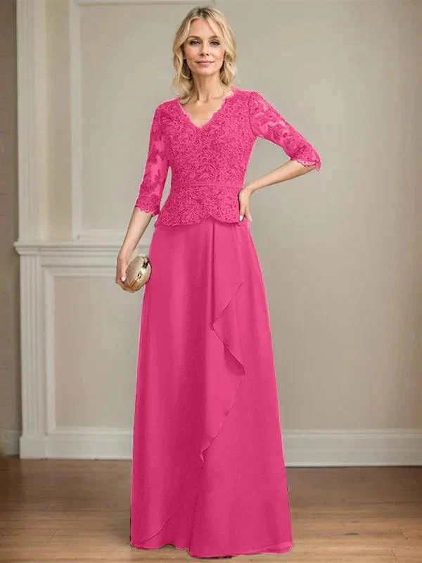A-line V-Neck Floor-Length Lace Chiffon Mother of the Bride Dress With Cascading Ruffles Sequins - Image 20