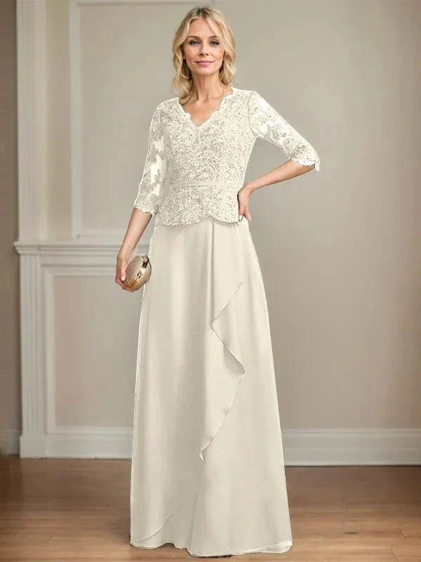 A-line V-Neck Floor-Length Lace Chiffon Mother of the Bride Dress With Cascading Ruffles Sequins - Image 21