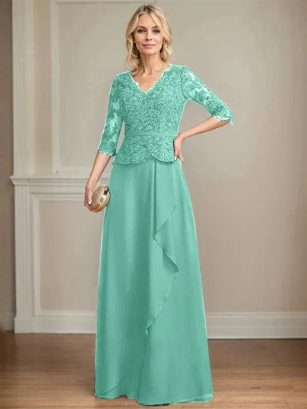 A-line V-Neck Floor-Length Lace Chiffon Mother of the Bride Dress With Cascading Ruffles Sequins - Image 22
