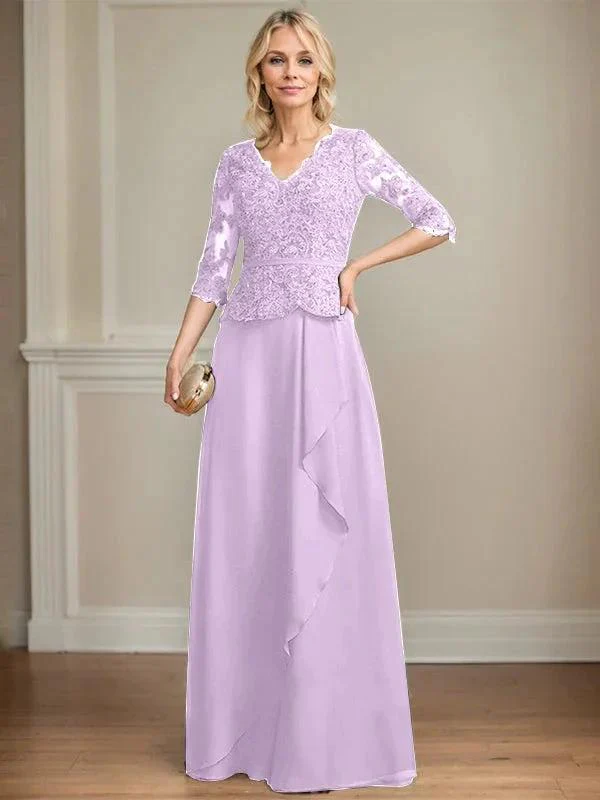 A-line V-Neck Floor-Length Lace Chiffon Mother of the Bride Dress With Cascading Ruffles Sequins - Image 23