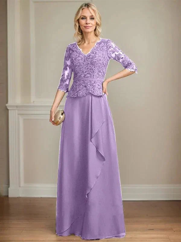 A-line V-Neck Floor-Length Lace Chiffon Mother of the Bride Dress With Cascading Ruffles Sequins - Image 24