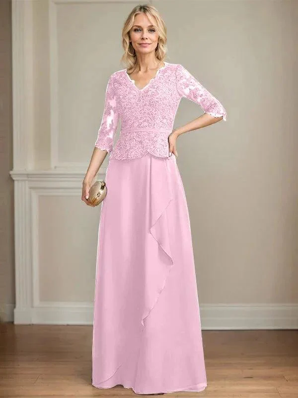 A-line V-Neck Floor-Length Lace Chiffon Mother of the Bride Dress With Cascading Ruffles Sequins - Image 25