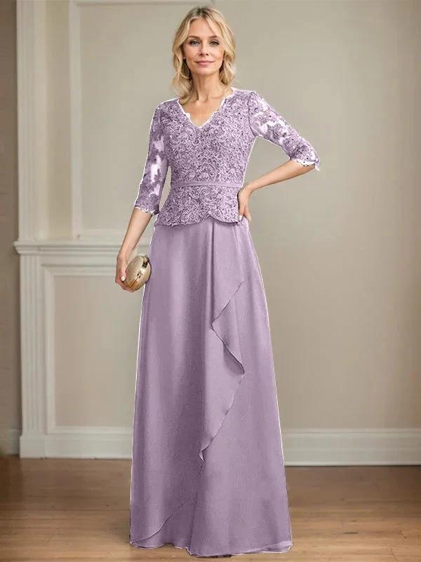 A-line V-Neck Floor-Length Lace Chiffon Mother of the Bride Dress With Cascading Ruffles Sequins - Image 26