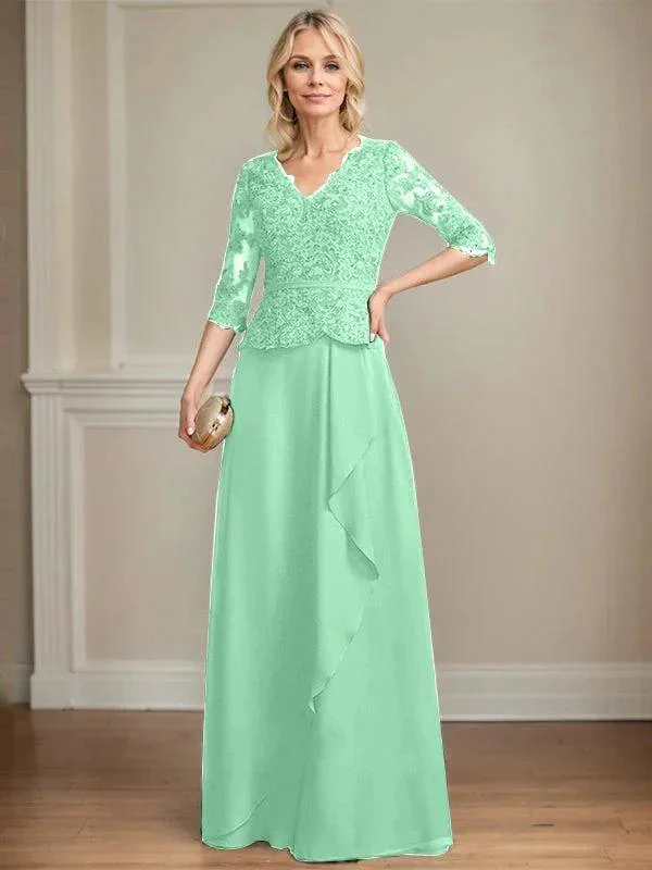 A-line V-Neck Floor-Length Lace Chiffon Mother of the Bride Dress With Cascading Ruffles Sequins - Image 27