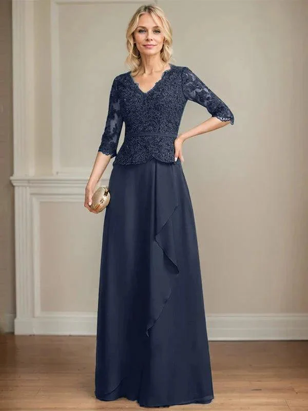 A-line V-Neck Floor-Length Lace Chiffon Mother of the Bride Dress With Cascading Ruffles Sequins - Image 28