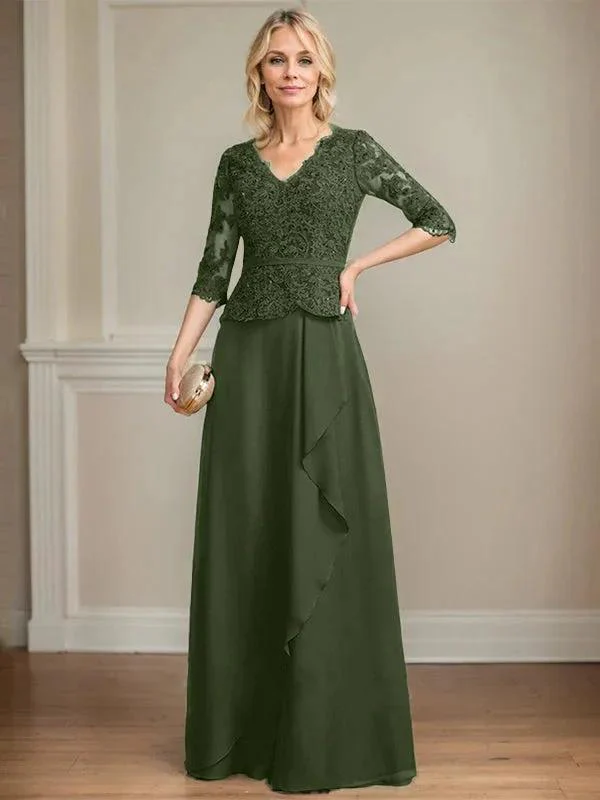 A-line V-Neck Floor-Length Lace Chiffon Mother of the Bride Dress With Cascading Ruffles Sequins - Image 29