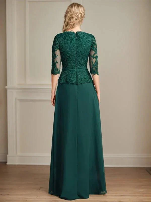A-line V-Neck Floor-Length Lace Chiffon Mother of the Bride Dress With Cascading Ruffles Sequins - Image 3