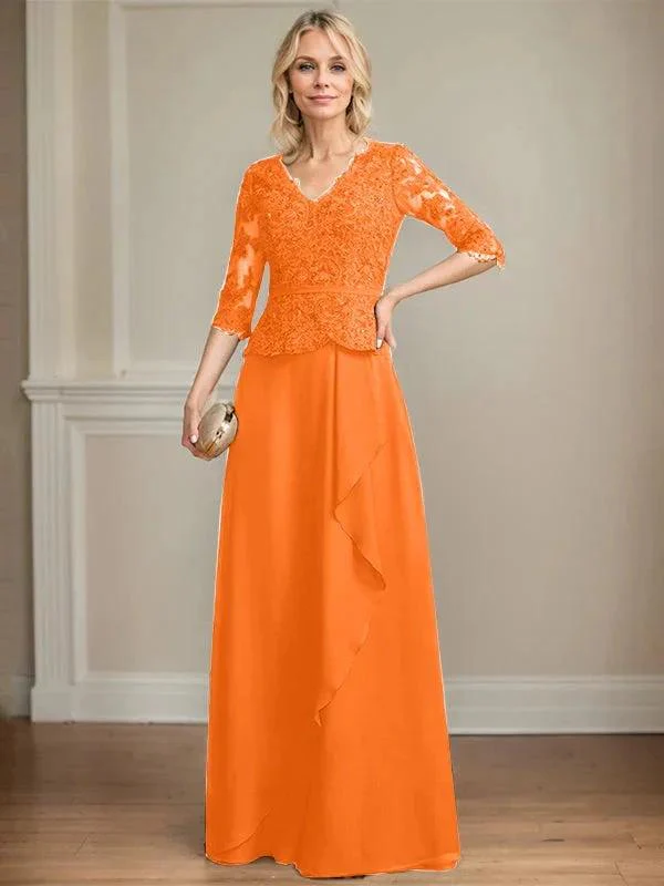 A-line V-Neck Floor-Length Lace Chiffon Mother of the Bride Dress With Cascading Ruffles Sequins - Image 30