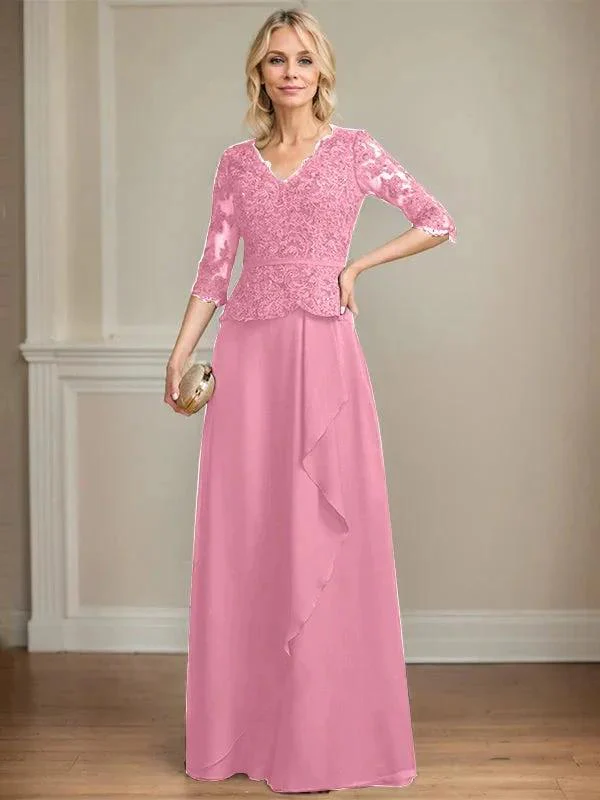 A-line V-Neck Floor-Length Lace Chiffon Mother of the Bride Dress With Cascading Ruffles Sequins - Image 31