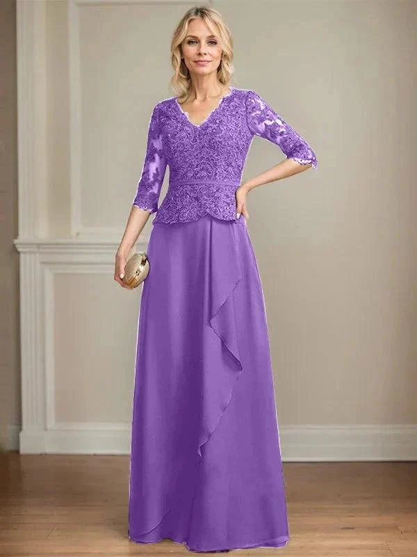 A-line V-Neck Floor-Length Lace Chiffon Mother of the Bride Dress With Cascading Ruffles Sequins - Image 32