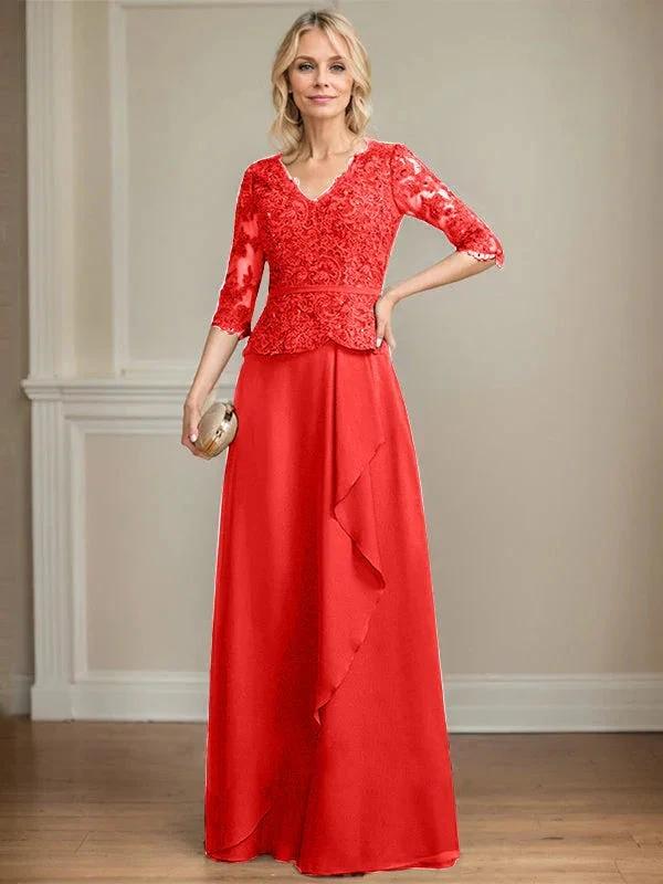 A-line V-Neck Floor-Length Lace Chiffon Mother of the Bride Dress With Cascading Ruffles Sequins - Image 33