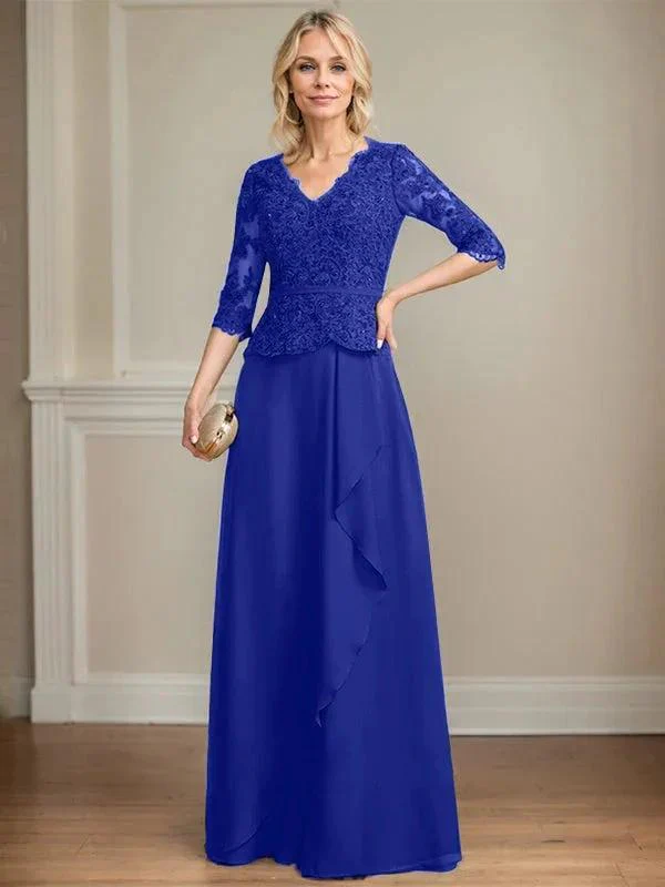 A-line V-Neck Floor-Length Lace Chiffon Mother of the Bride Dress With Cascading Ruffles Sequins - Image 34