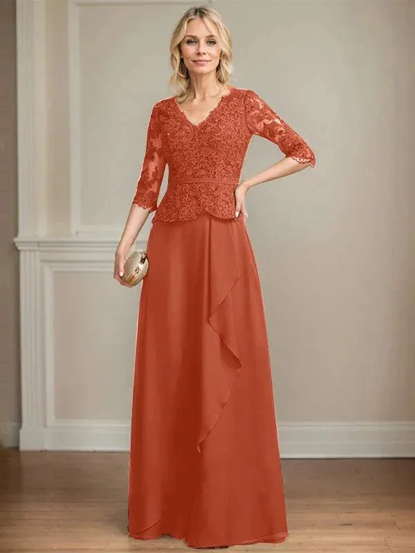 A-line V-Neck Floor-Length Lace Chiffon Mother of the Bride Dress With Cascading Ruffles Sequins - Image 35