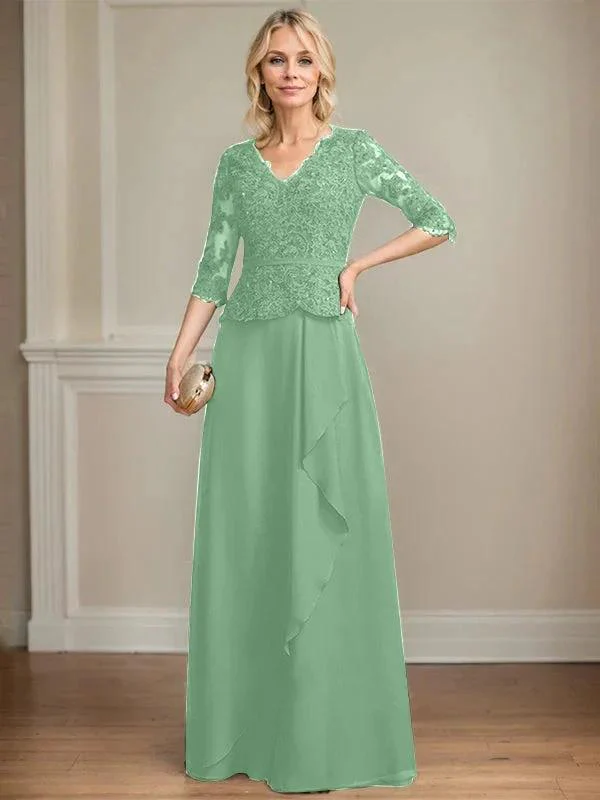 A-line V-Neck Floor-Length Lace Chiffon Mother of the Bride Dress With Cascading Ruffles Sequins - Image 36