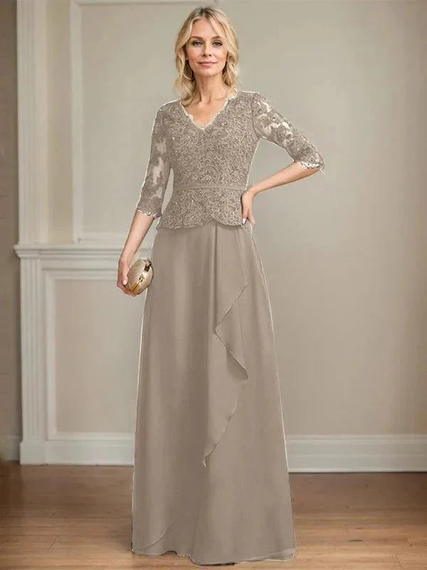 A-line V-Neck Floor-Length Lace Chiffon Mother of the Bride Dress With Cascading Ruffles Sequins - Image 37