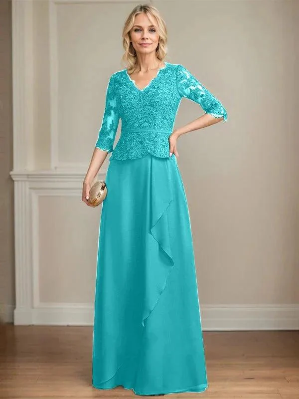 A-line V-Neck Floor-Length Lace Chiffon Mother of the Bride Dress With Cascading Ruffles Sequins - Image 39