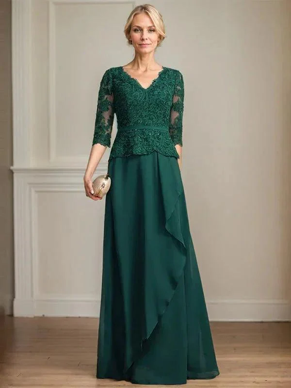 A-line V-Neck Floor-Length Lace Chiffon Mother of the Bride Dress With Cascading Ruffles Sequins - Image 4