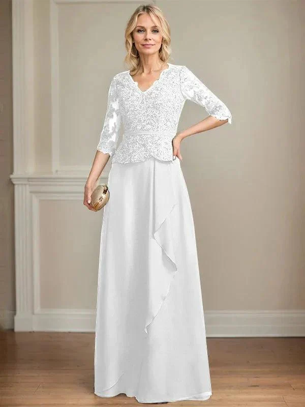 A-line V-Neck Floor-Length Lace Chiffon Mother of the Bride Dress With Cascading Ruffles Sequins - Image 40