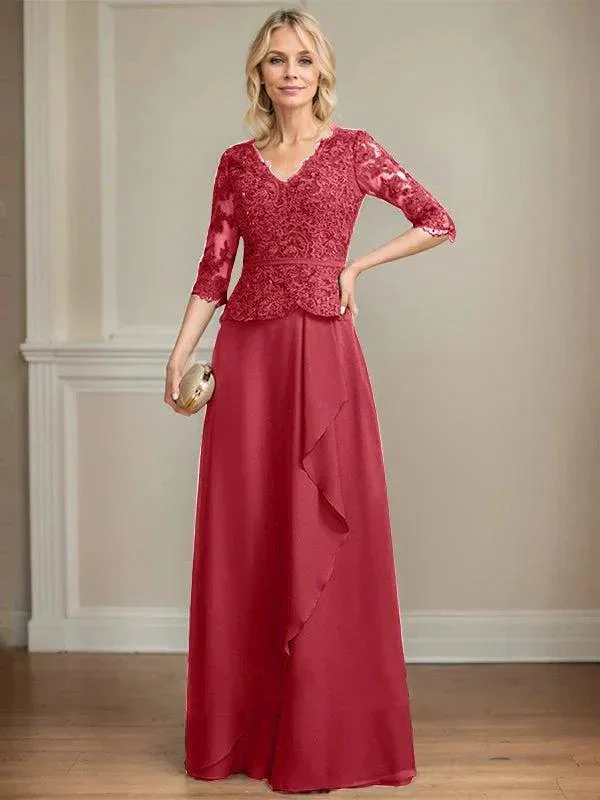 A-line V-Neck Floor-Length Lace Chiffon Mother of the Bride Dress With Cascading Ruffles Sequins - Image 41