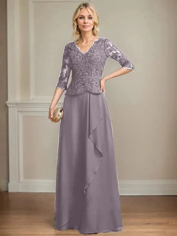 A-line V-Neck Floor-Length Lace Chiffon Mother of the Bride Dress With Cascading Ruffles Sequins - Image 42