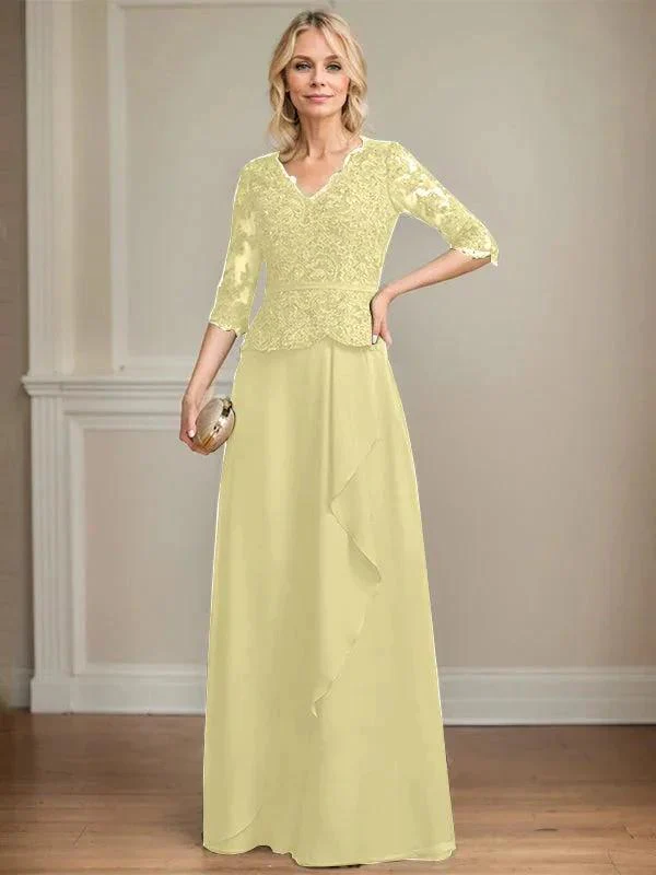 A-line V-Neck Floor-Length Lace Chiffon Mother of the Bride Dress With Cascading Ruffles Sequins - Image 43
