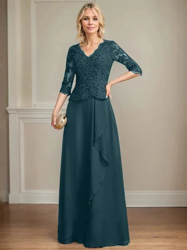 A-line V-Neck Floor-Length Lace Chiffon Mother of the Bride Dress With Cascading Ruffles Sequins - Image 44