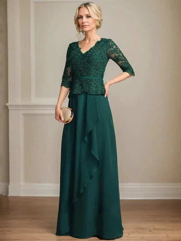 A-line V-Neck Floor-Length Lace Chiffon Mother of the Bride Dress With Cascading Ruffles Sequins - Image 5