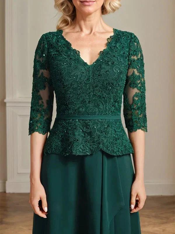 A-line V-Neck Floor-Length Lace Chiffon Mother of the Bride Dress With Cascading Ruffles Sequins - Image 7