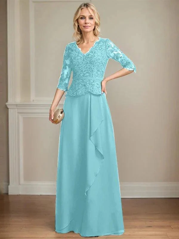 A-line V-Neck Floor-Length Lace Chiffon Mother of the Bride Dress With Cascading Ruffles Sequins - Image 8
