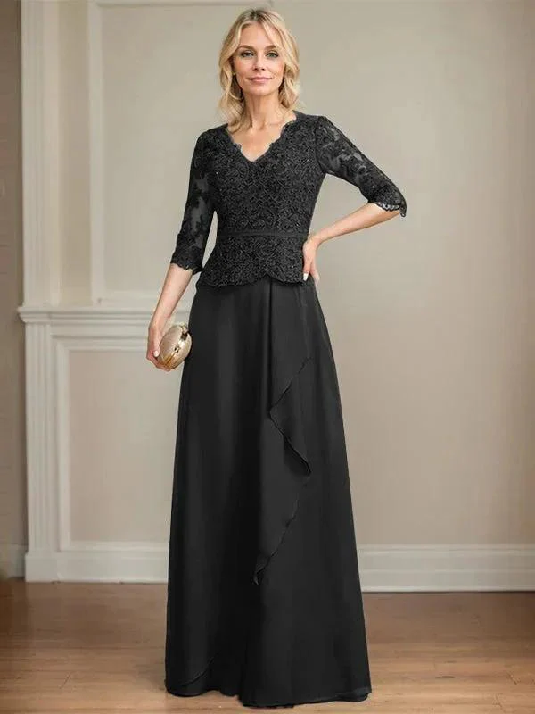 A-line V-Neck Floor-Length Lace Chiffon Mother of the Bride Dress With Cascading Ruffles Sequins - Image 9